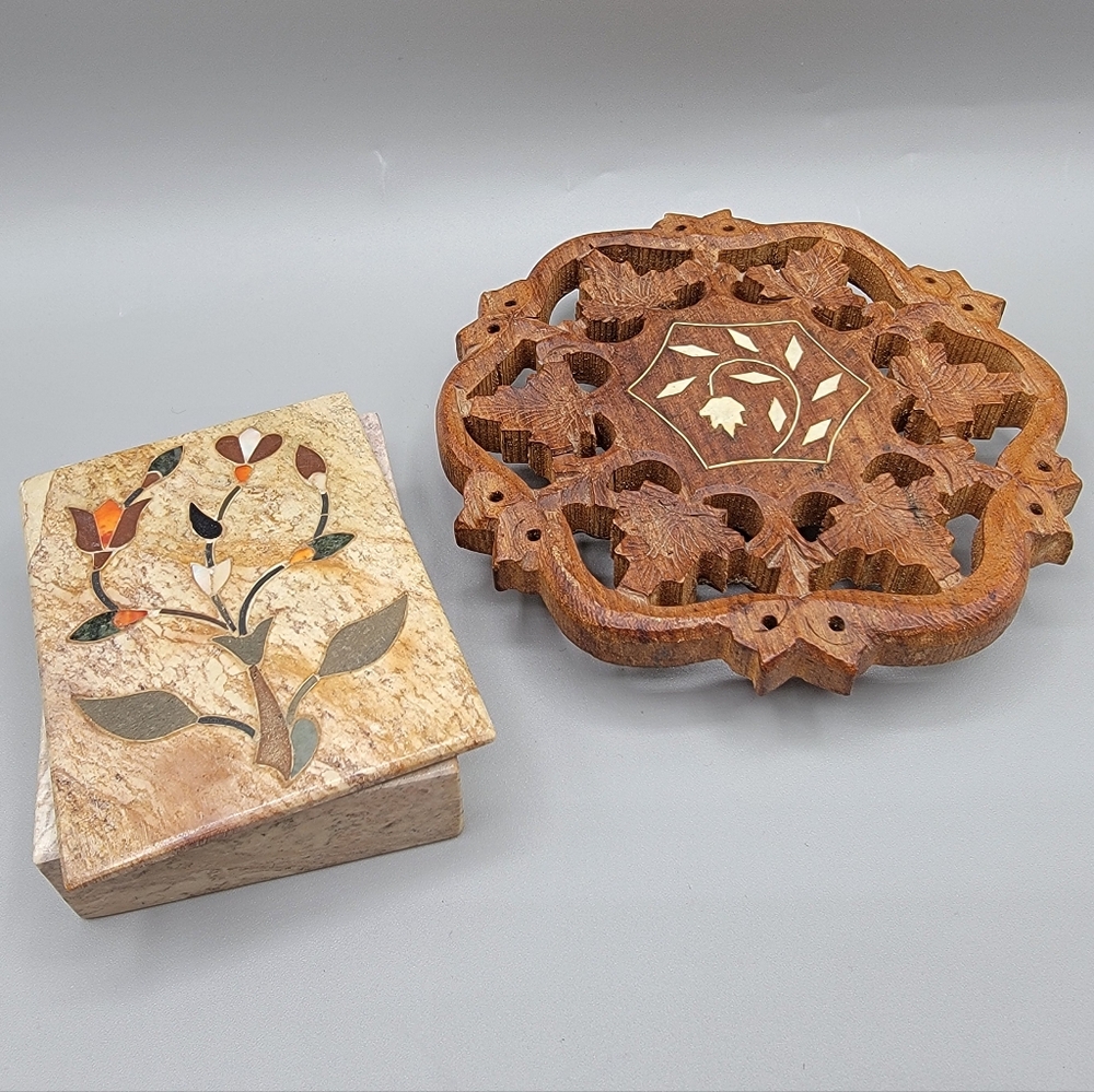 Vintage Stone Inlay India Lot (2) Lidded Stone Box, Footed Wood Trivet